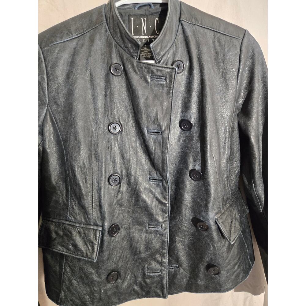 INC genuine distressed leather jacket, navy, button front, size Petite